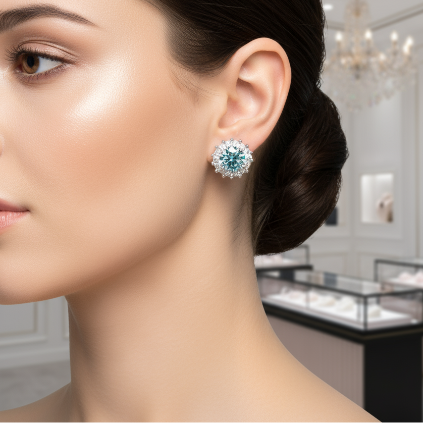 Brilliant Cut Green Diamond Snowflake Stud Earrings-Black Diamonds New York