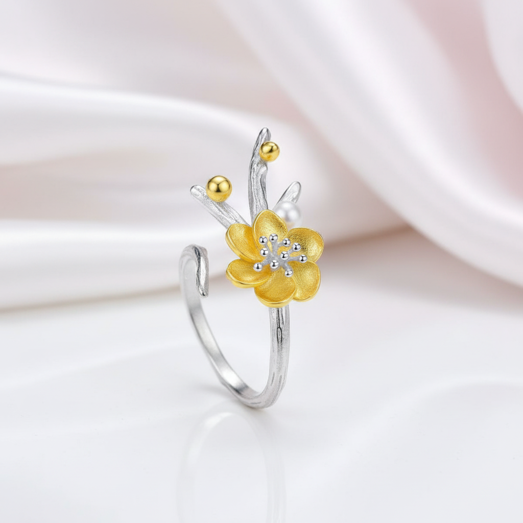 Vintage Winter Blossom & Snow Flower Ring-Black Diamonds New York