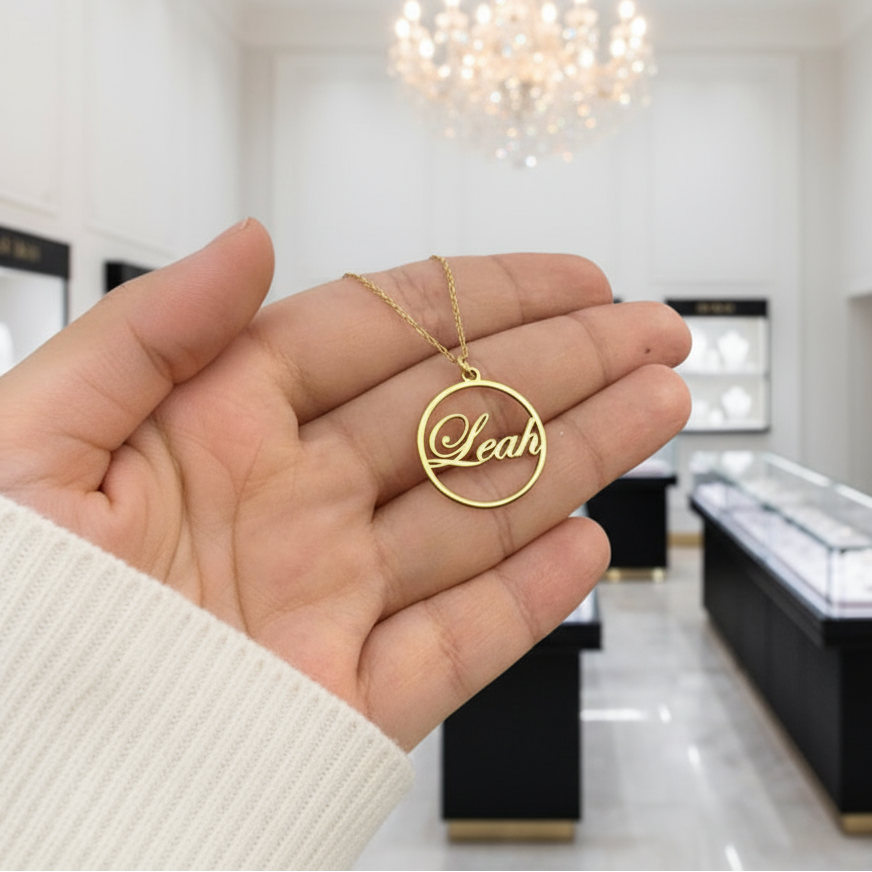 Custom Circle Name Necklace-Black Diamonds New York