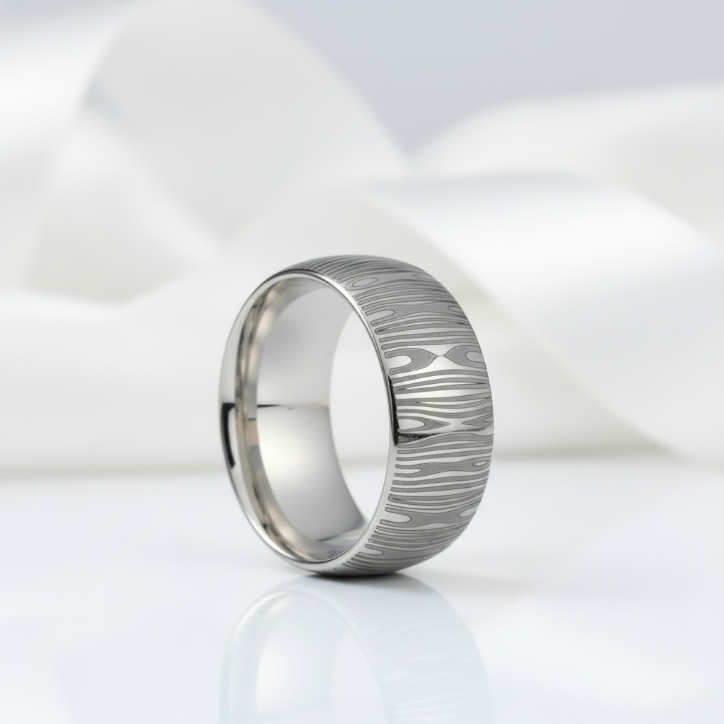 Laser Engraving Damascus Pattern Dome Band-Black Diamonds New York