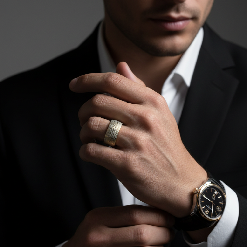 Laser Engraving Damascus Pattern Dome Band-Black Diamonds New York