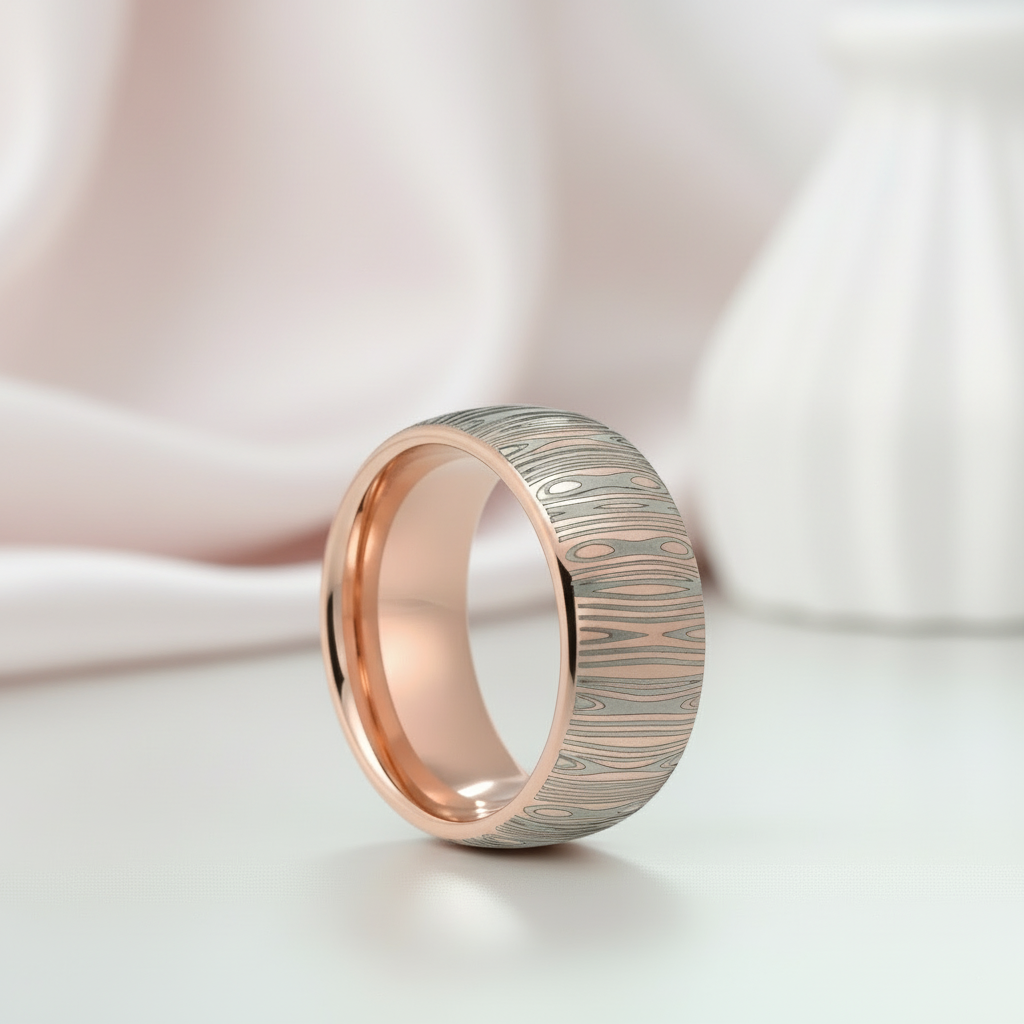 Laser Engraving Damascus Pattern Dome Band-Black Diamonds New York