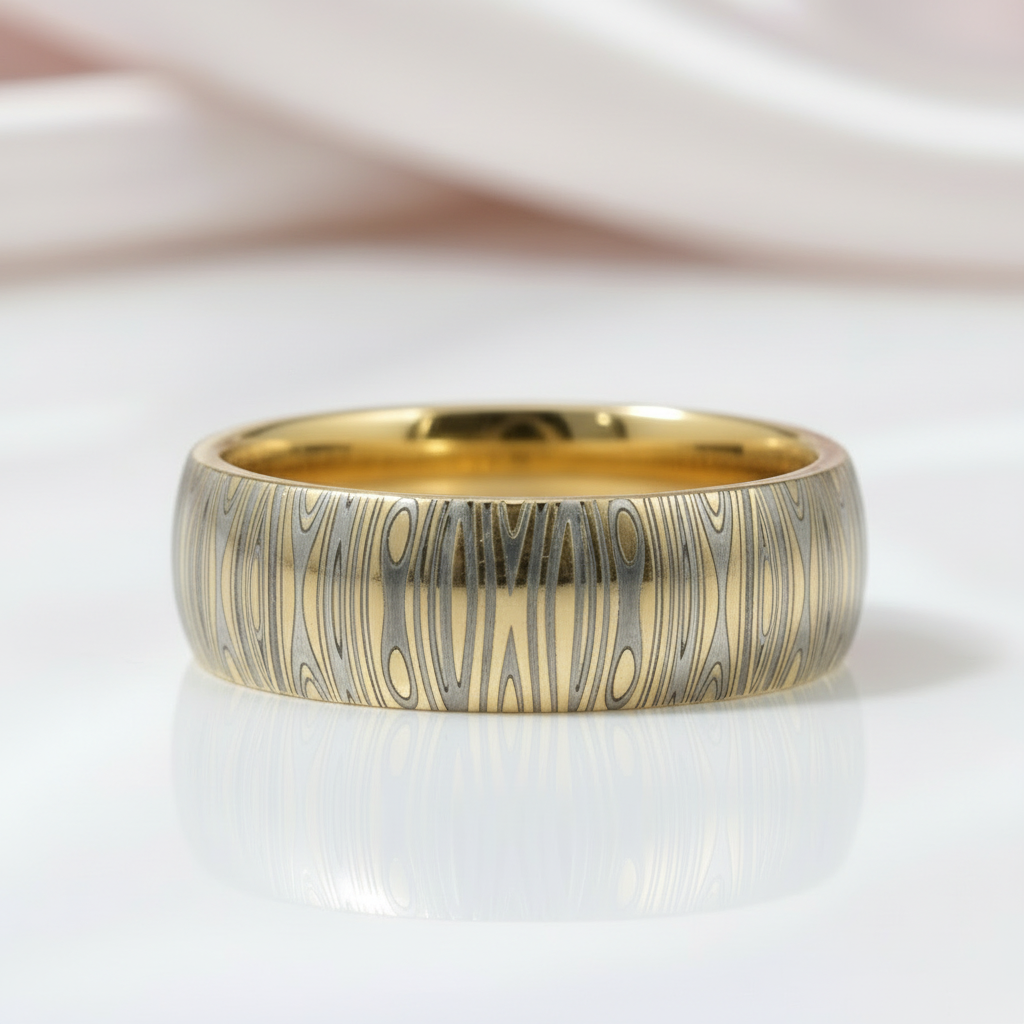 Laser Engraving Damascus Pattern Dome Band-Black Diamonds New York