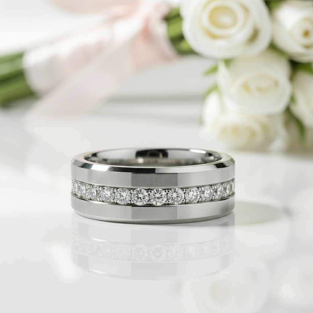 Diamond Inlay Beveled Edges Black Tungsten Men's Wedding Band-Black Diamonds New York