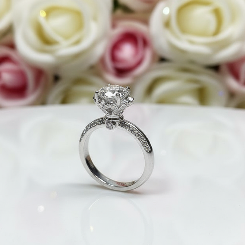 1.0 Ct Round Cut Diamond Rose Bud Engagement Ring-Black Diamonds New York