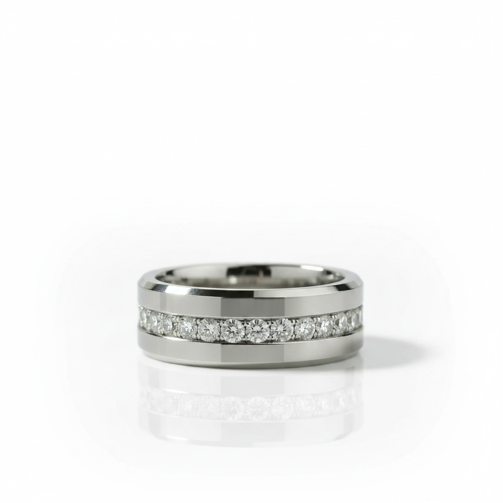 A silver-toned band ring featuring a channel-set row of clear round-cut gemstones along the center, photographed on a clean white background with a soft reflection below.