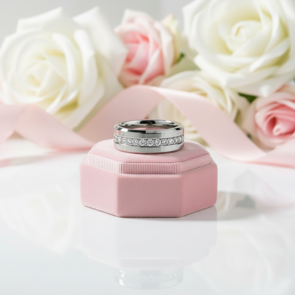 Diamond Inlay Beveled Edges Black Tungsten Men's Wedding Band-Black Diamonds New York