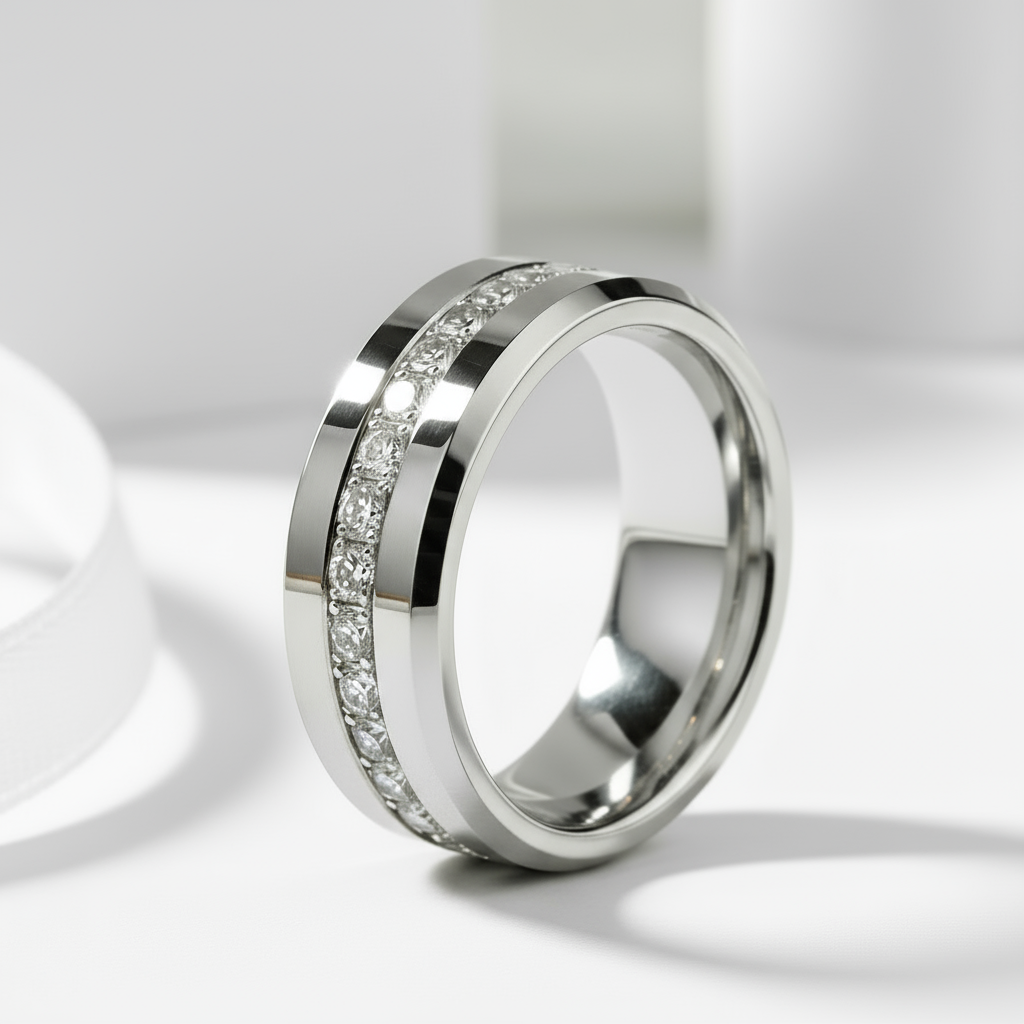 Diamond Inlay Beveled Edges Black Tungsten Men's Wedding Band-Black Diamonds New York