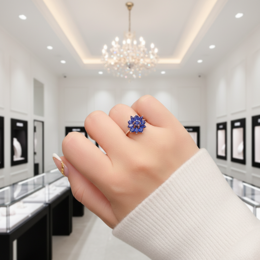 Dark Blue Sapphire Flower Ring-Black Diamonds New York