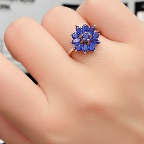 Natural Dark Blue Sapphire Flower Ring-Black Diamonds New York