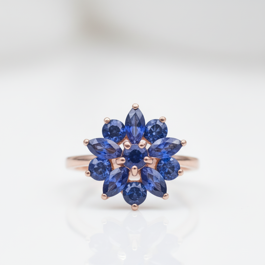 Dark Blue Sapphire Flower Ring-Black Diamonds New York