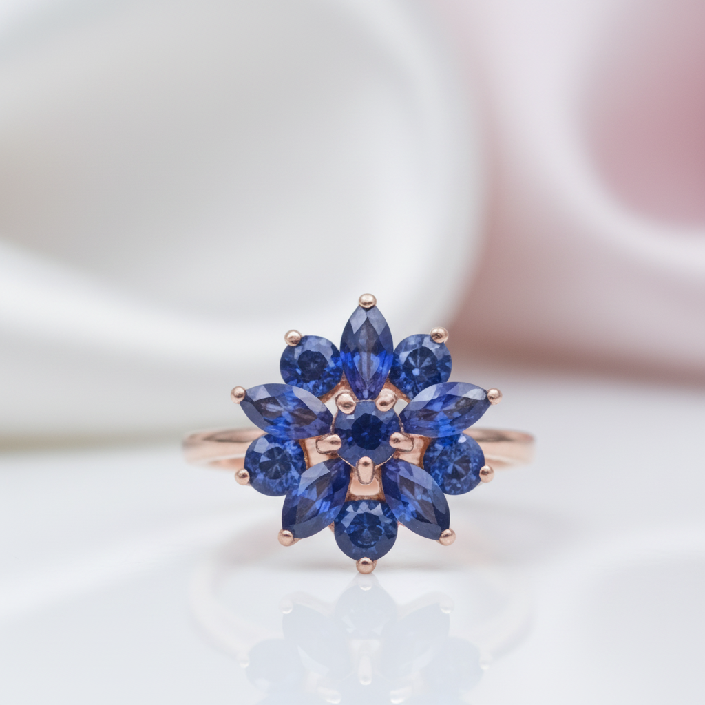 Dark Blue Sapphire Flower Ring-Black Diamonds New York