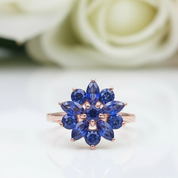 Natural Dark Blue Sapphire Flower Ring-Black Diamonds New York