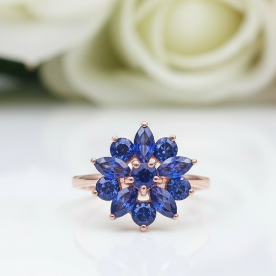Natural Dark Blue Sapphire Flower Ring-Black Diamonds New York