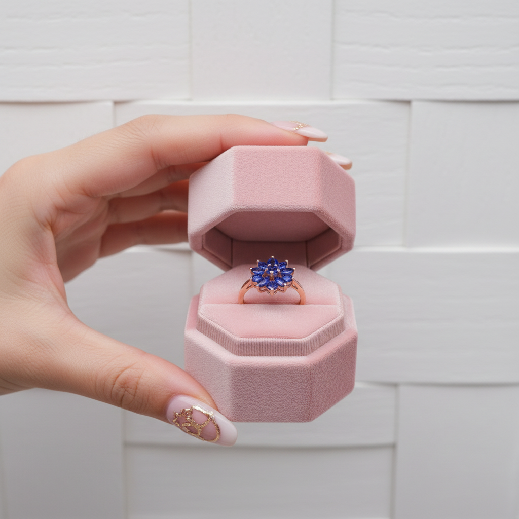 Dark Blue Sapphire Flower Ring-Black Diamonds New York