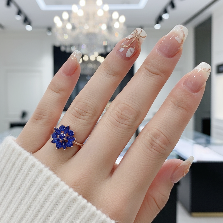 Dark Blue Sapphire Flower Ring-Black Diamonds New York