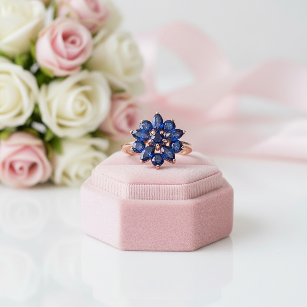 Dark Blue Sapphire Flower Ring-Black Diamonds New York
