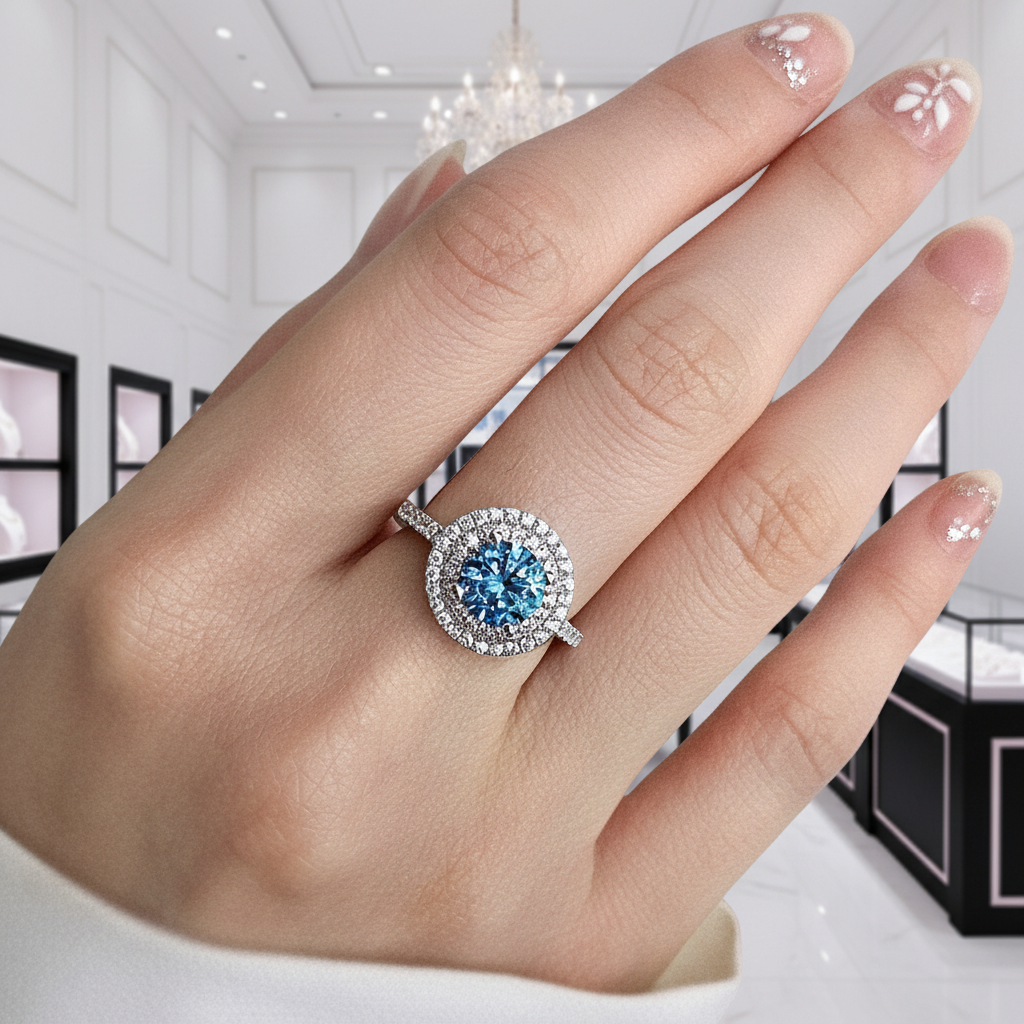 Round Aquamarine Double Halo Cocktail Ring-Black Diamonds New York