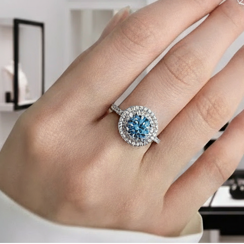 Round Aquamarine Double Halo Cocktail Ring-Black Diamonds New York