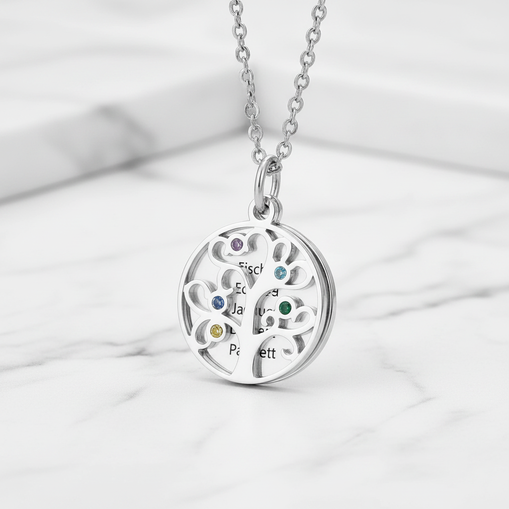 Custom Family Tree Pendant Necklace with Birthstones-Black Diamonds New York