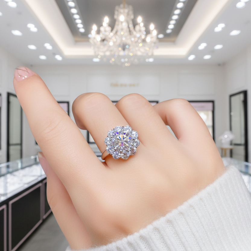 3.0 Ct Round Cut Crackling Diamond Option Flower Halo Engagement Ring-Black Diamonds New York