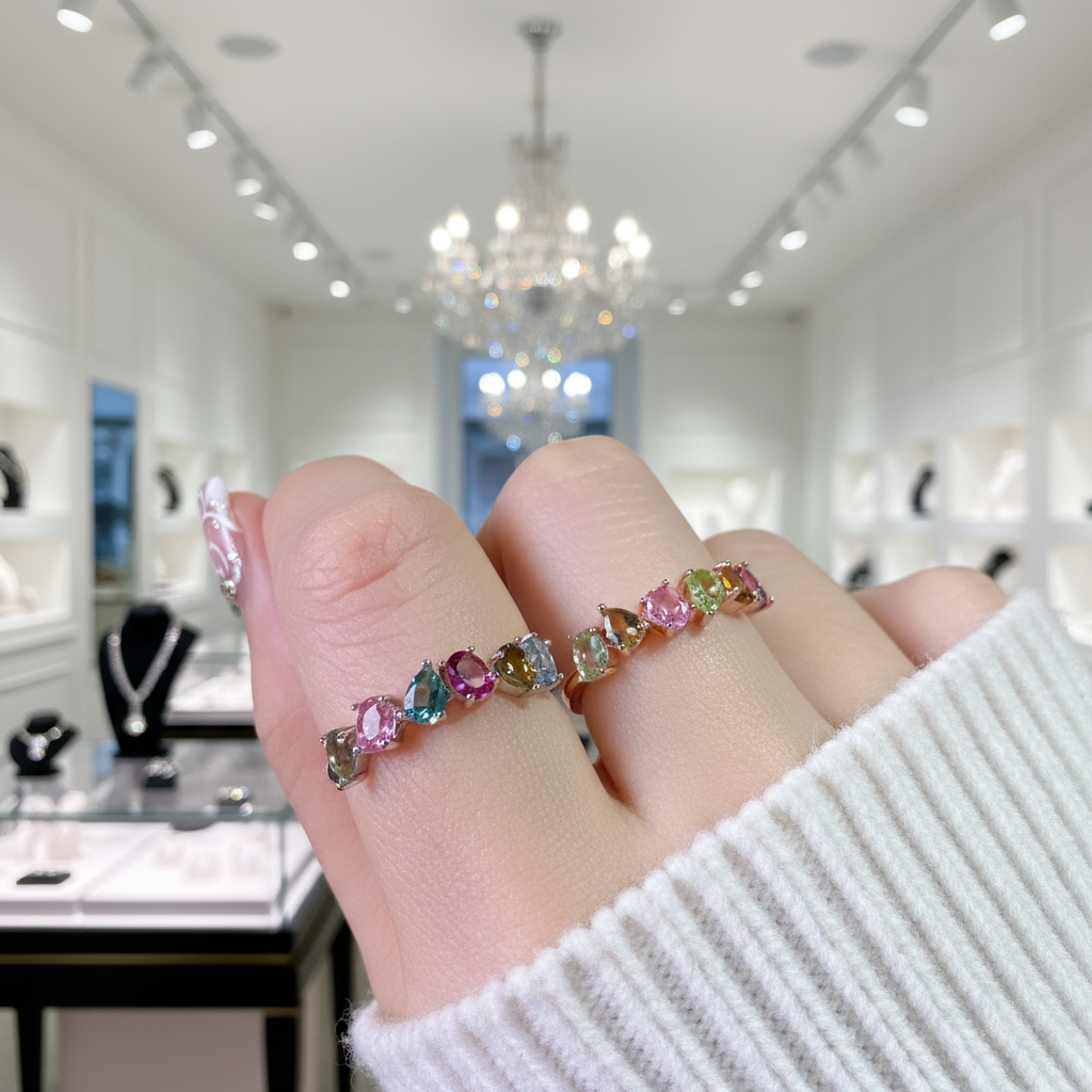 Multicolor Natural Tourmaline Ring-Black Diamonds New York