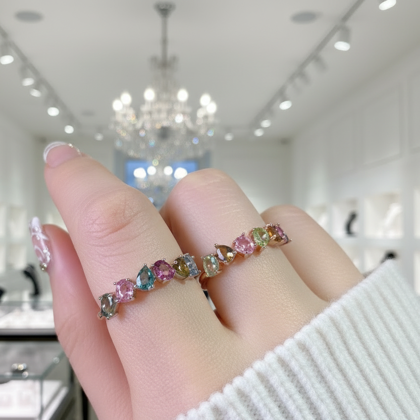 Multicolor Natural Tourmaline Ring-Black Diamonds New York