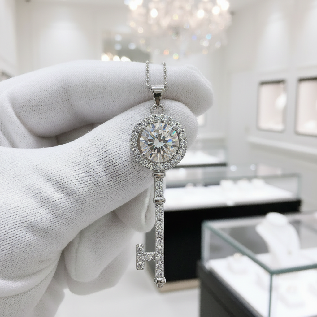 Diamond Cute Key Shape Pendant Necklace-Black Diamonds New York