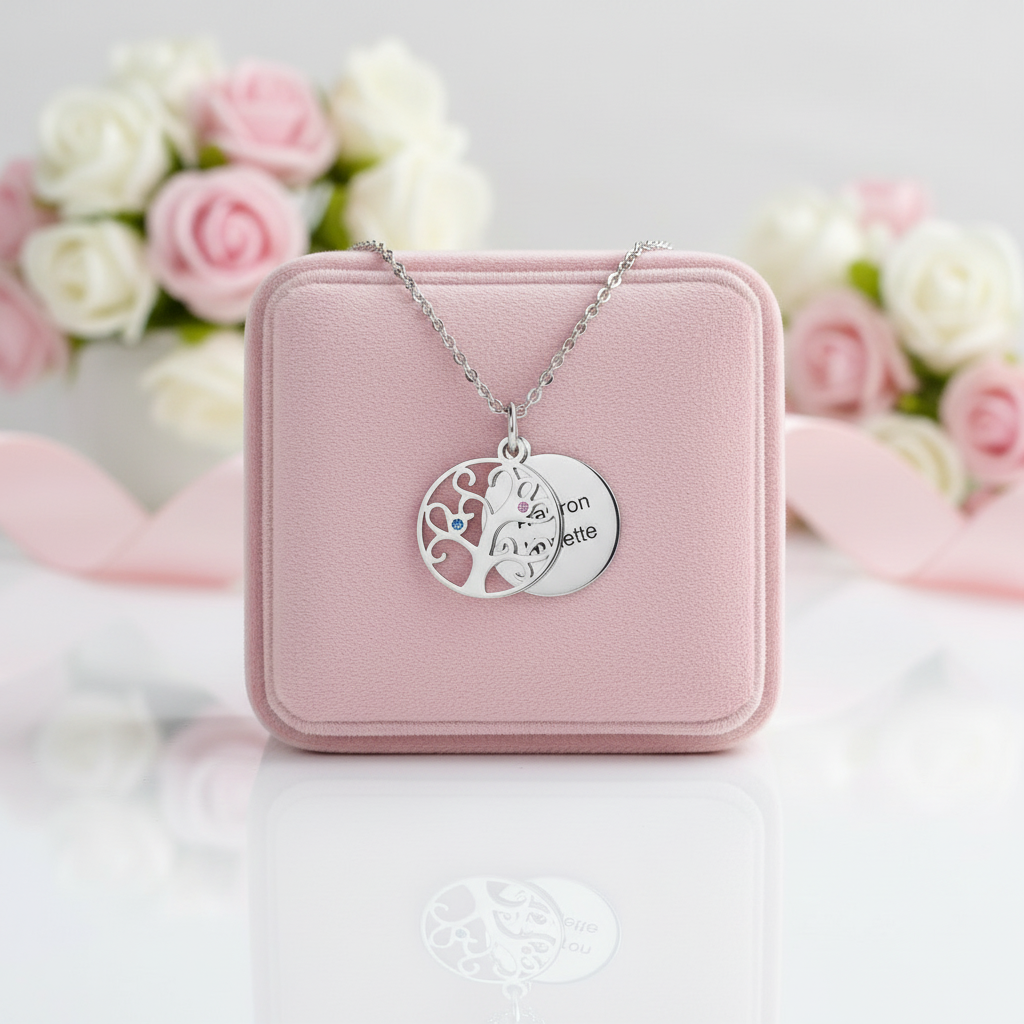 Custom Family Tree Pendant Necklace with Birthstones-Black Diamonds New York