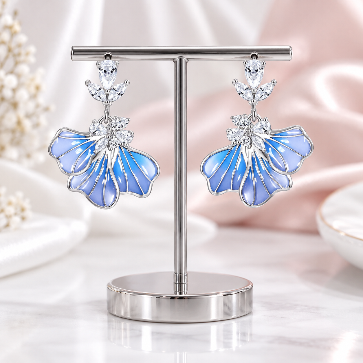 Blue Petal Iris Drop Earrings-Black Diamonds New York
