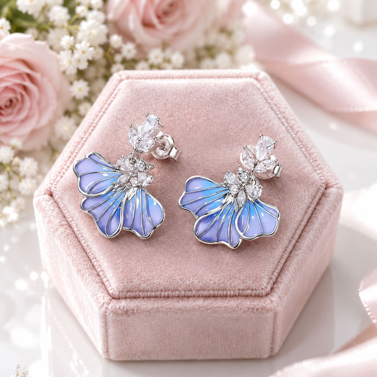 Blue Petal Iris Drop Earrings-Black Diamonds New York