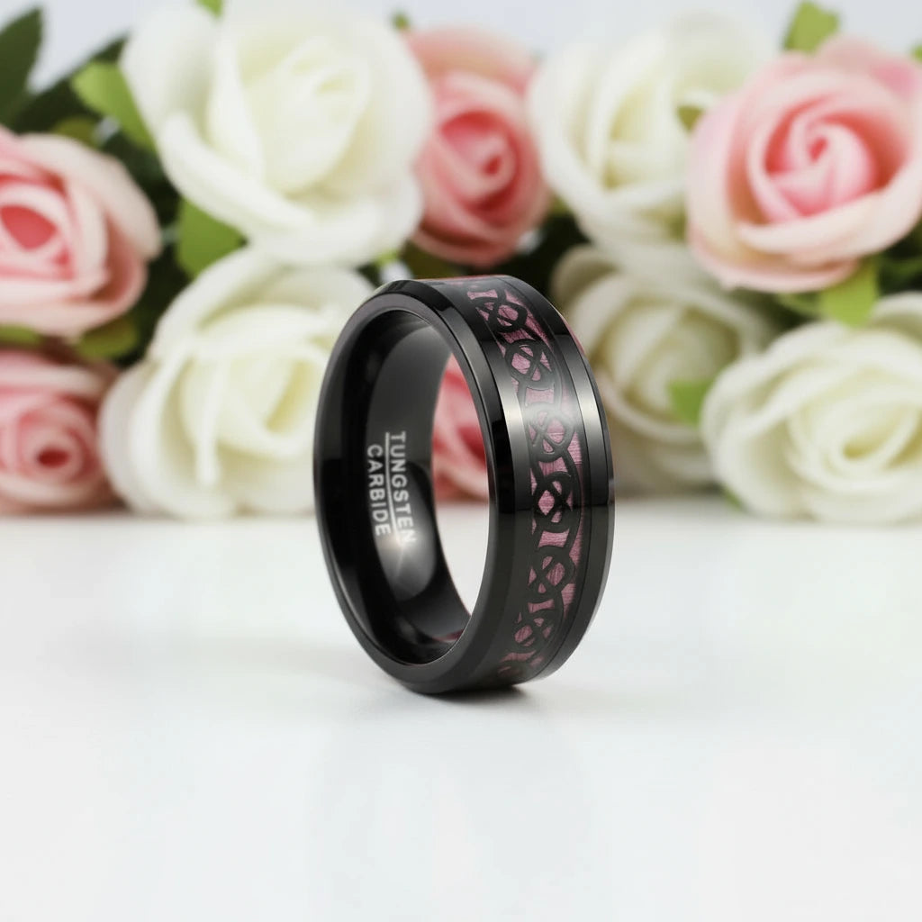 Heart Pattern Pink Carbon Fiber Tungsten Men's Ring-Black Diamonds New York
