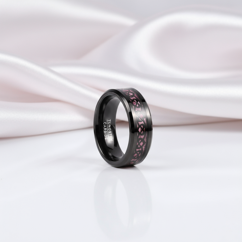 Heart Pattern Pink Carbon Fiber Tungsten Men's Ring-Black Diamonds New York