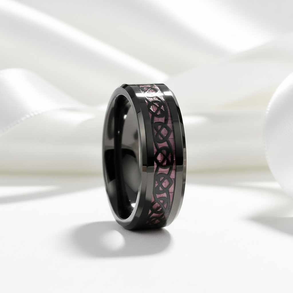 Heart Pattern Pink Carbon Fiber Tungsten Men's Ring-Black Diamonds New York