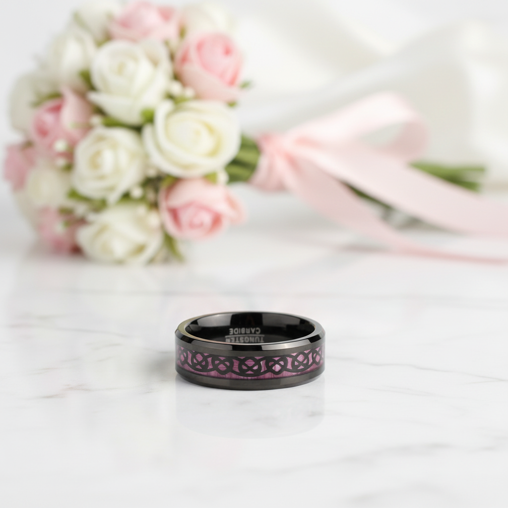 Heart Pattern Pink Carbon Fiber Tungsten Men's Ring-Black Diamonds New York
