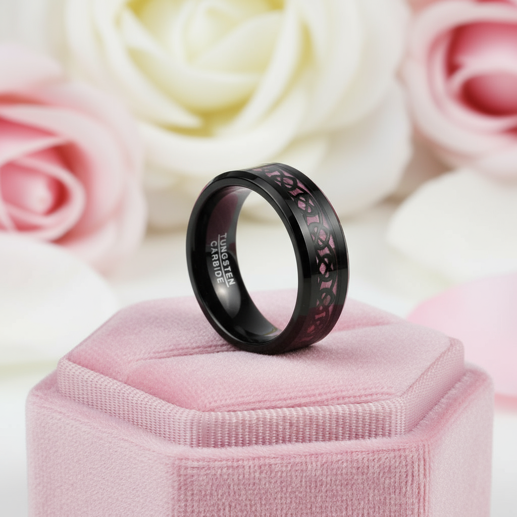 Heart Pattern Pink Carbon Fiber Tungsten Men's Ring-Black Diamonds New York