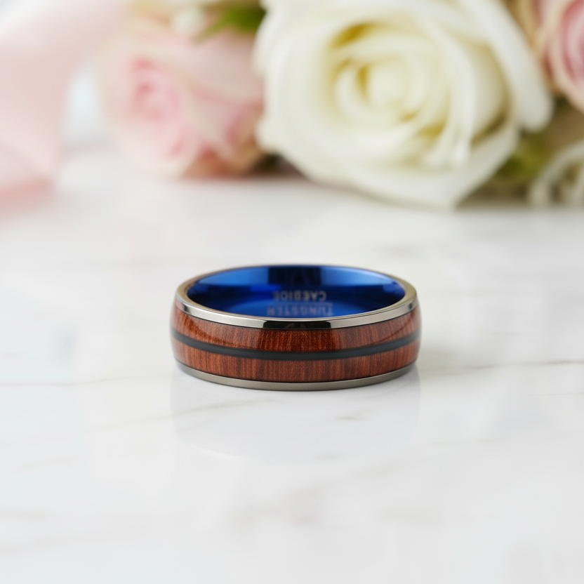 Black and Blue Dome Double Groove Acacia Wood Inlaid Tungsten Men's Ring-Black Diamonds New York