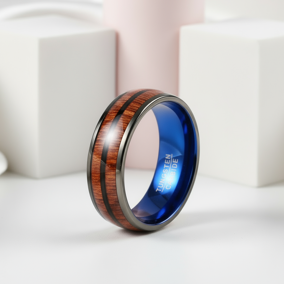 Black and Blue Dome Double Groove Acacia Wood Inlaid Tungsten Men's Ring-Black Diamonds New York