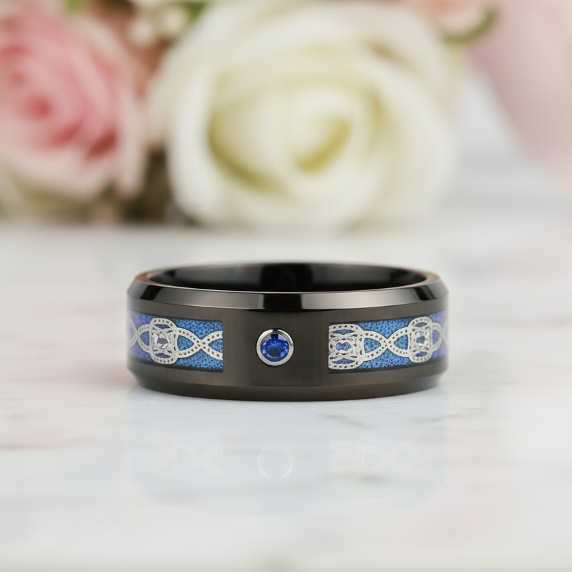 Blue Diamond Black Dome Celtic Knot Tungsten Men's Ring-Black Diamonds New York