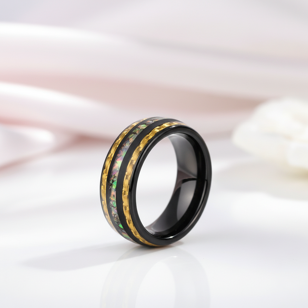 Yellow Carbon Fiber and Opal Inlaid Black Tungsten Men's Ring-Black Diamonds New York