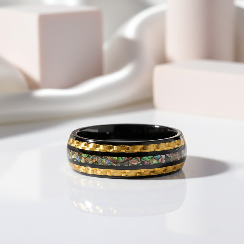 Yellow Carbon Fiber and Opal Inlaid Black Tungsten Men's Ring-Black Diamonds New York