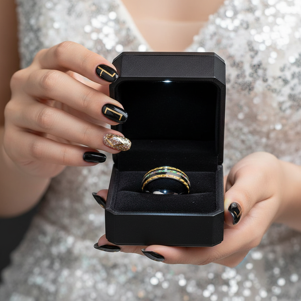 A close-up of a person holding an open black jewelry box containing a black ring with gold stripes. The person is wearing a silver sequined top, and the ring box is held by two hands with black and gold manicured nails.