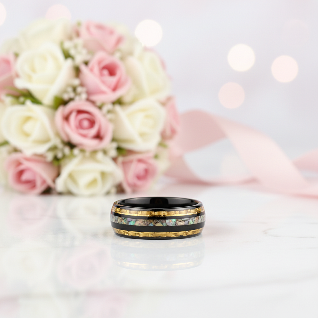 Yellow Carbon Fiber and Opal Inlaid Black Tungsten Men's Ring-Black Diamonds New York