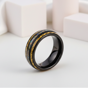 Yellow Carbon Fiber and Opal Inlaid Black Tungsten Men's Ring-Black Diamonds New York