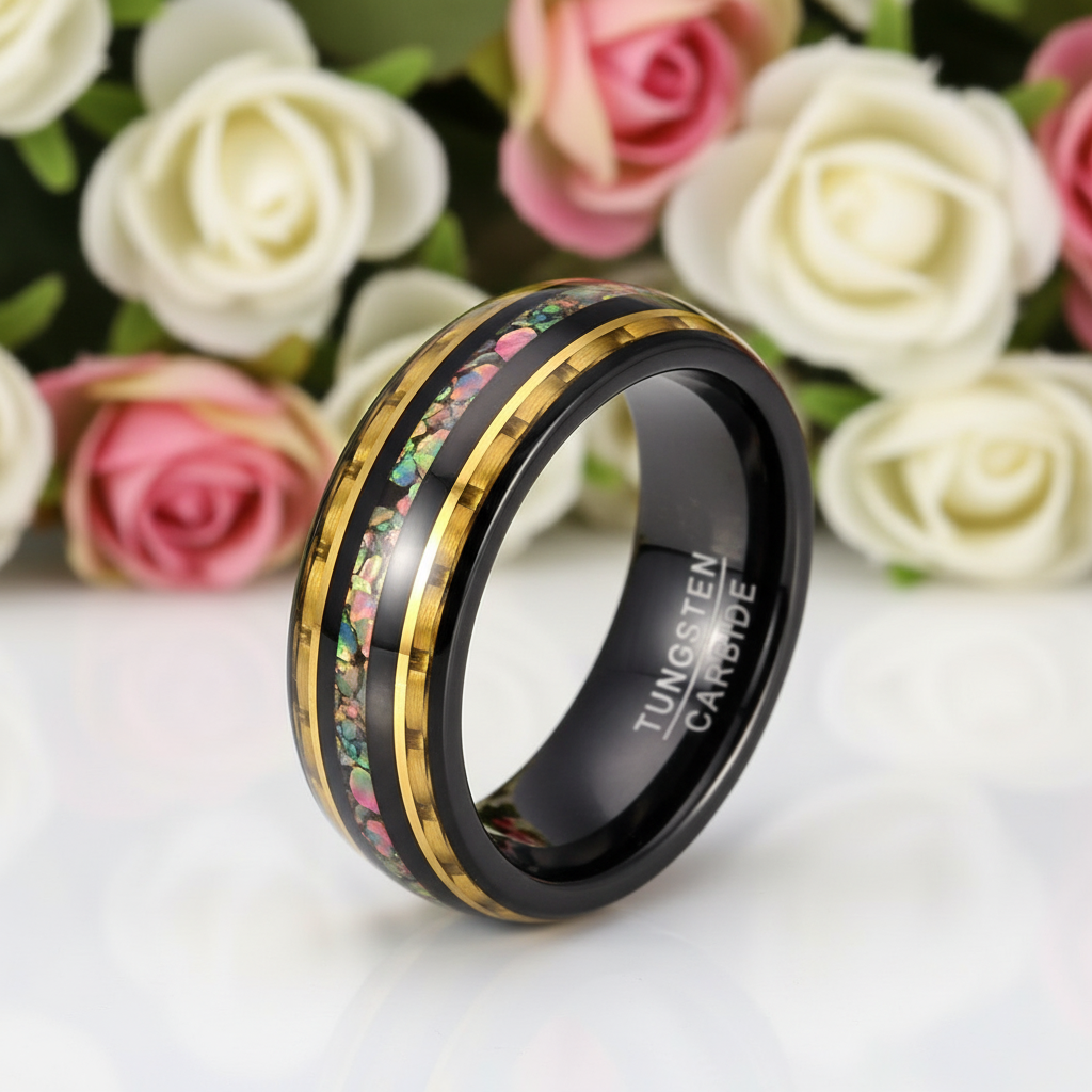 Yellow Carbon Fiber and Opal Inlaid Black Tungsten Men's Ring-Black Diamonds New York