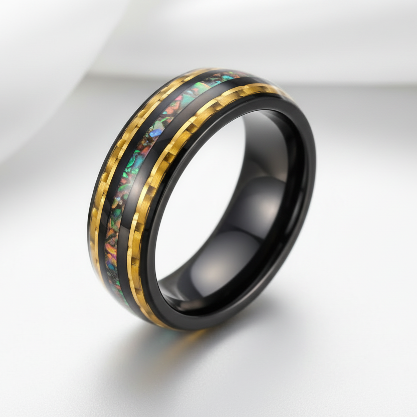 Yellow Carbon Fiber and Opal Inlaid Black Tungsten Men's Ring-Black Diamonds New York