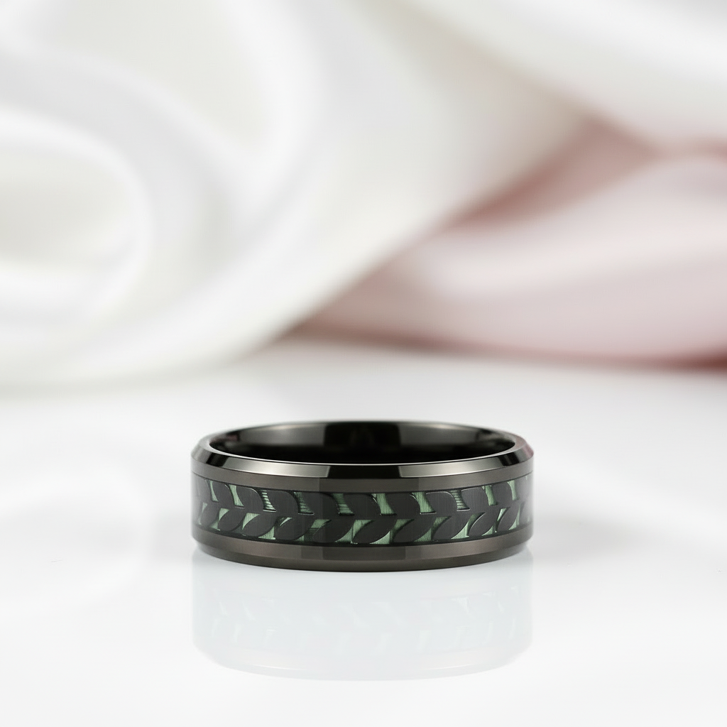 Black Leaves and Green Carbon Fiber Inlay Beveled Edge Tungsten Men's Ring-Black Diamonds New York
