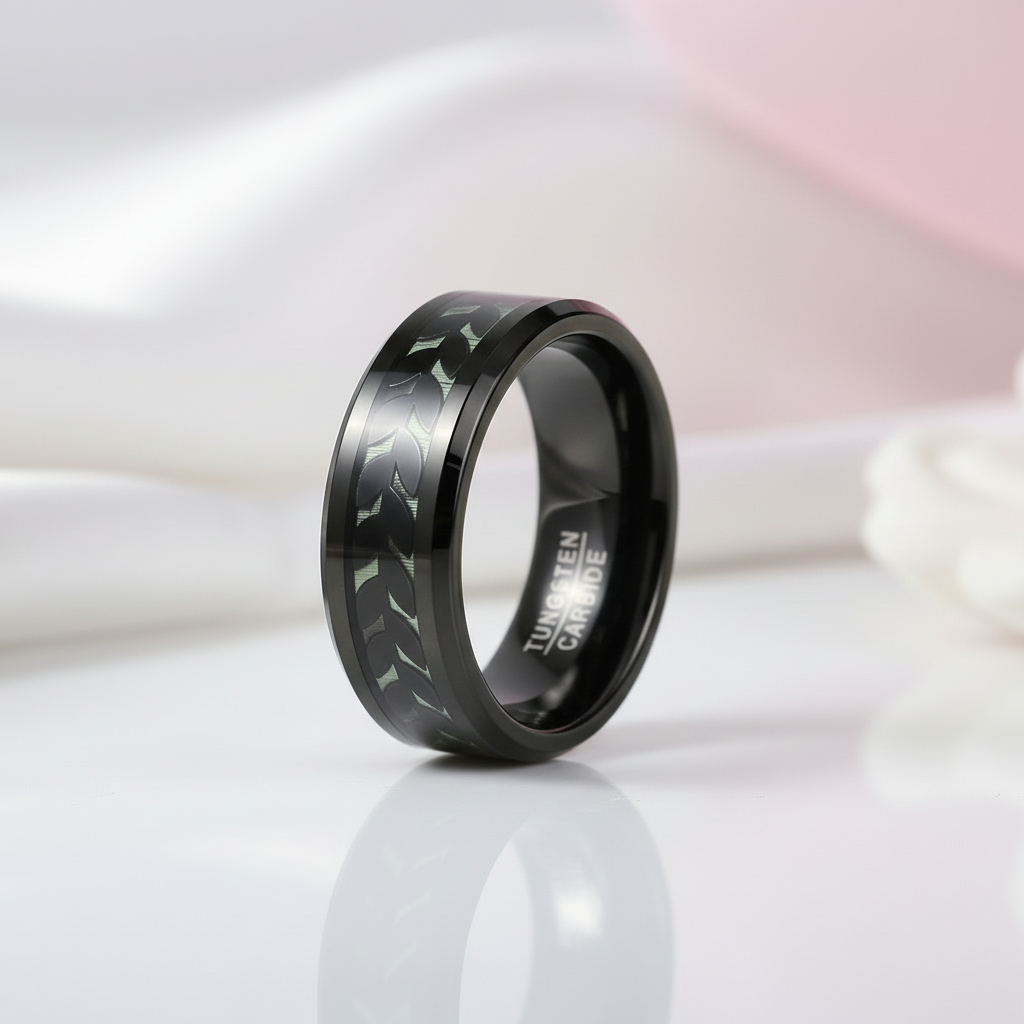 Black Leaves and Green Carbon Fiber Inlay Beveled Edge Tungsten Men's Ring-Black Diamonds New York