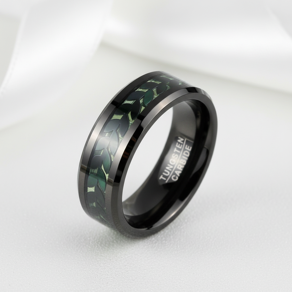 Black Leaves and Green Carbon Fiber Inlay Beveled Edge Tungsten Men's Ring-Black Diamonds New York