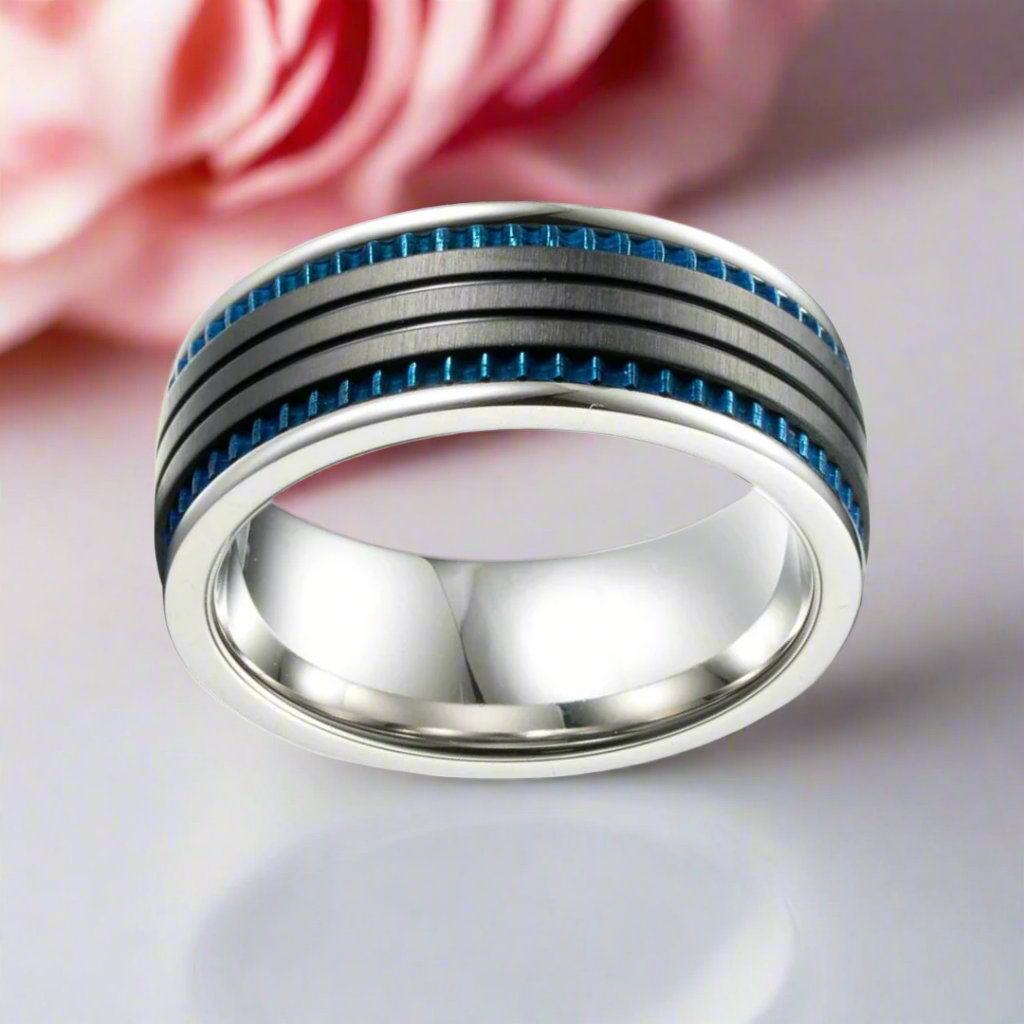 Black Space with Blue Inlay Titanium Steel Ring-Black Diamonds New York
